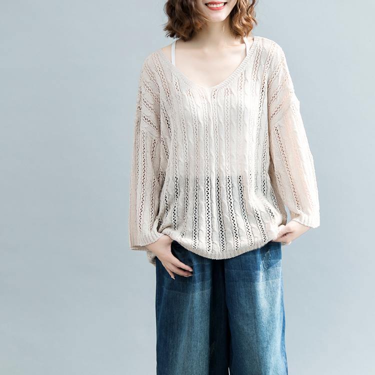 women beige  sweater Loose fitting v neck knitted blouses 2018 hollow out fall blouse - Omychic