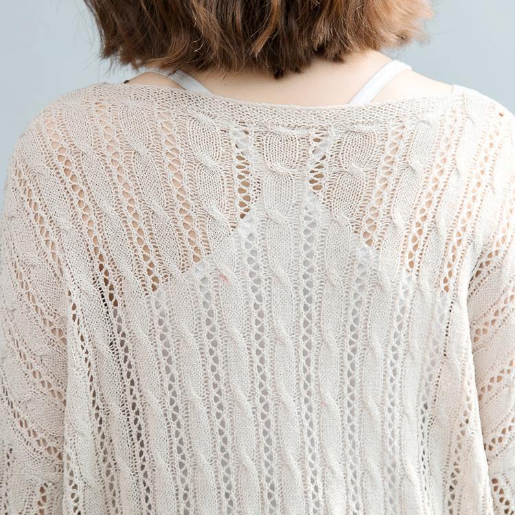 women beige  sweater Loose fitting v neck knitted blouses 2018 hollow out fall blouse - Omychic