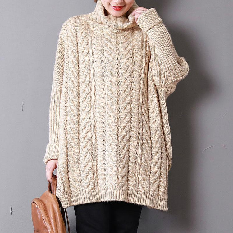 women beige cozy sweater plus size high neck side open sweaters - Omychic