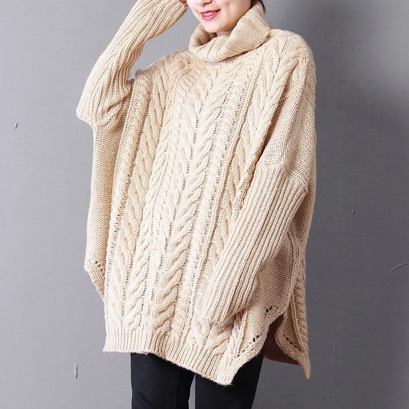 women beige cozy sweater plus size high neck side open sweaters - Omychic