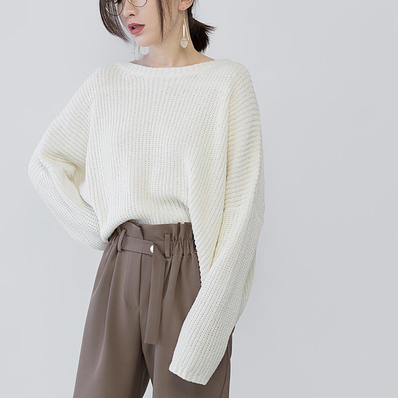 women beige knit sweaters Loose fitting O neck casual Batwing Sleeve fall sweaters - Omychic