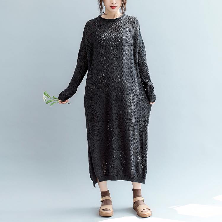 women black  sweater dress plus size side open long knit sweaters top quality o neck pullover sweater - Omychic