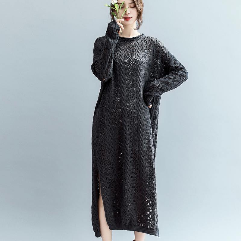 women black  sweater dress plus size side open long knit sweaters top quality o neck pullover sweater - Omychic