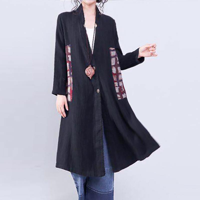 Women Black Coat Casual Patchwork Plus Size Outwear Elegant V Neck Coat - Omychic