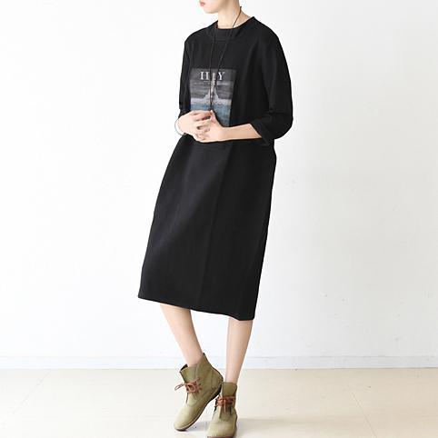 women black Midi-length cotton dress oversize spring dress o neck cotton baggy dresses - Omychic