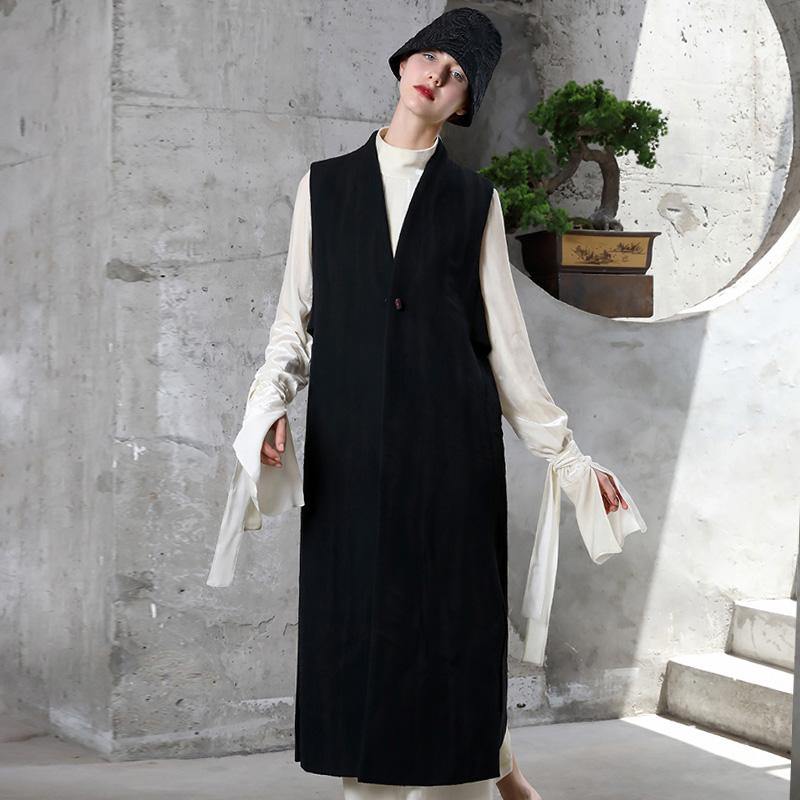women black Woolen Coats Women trendy plus size V neck coat embroider Sleeveless long coat - Omychic