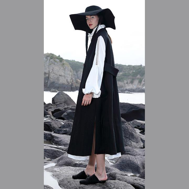 women black Woolen Coats Women trendy plus size V neck coat embroider Sleeveless long coat - Omychic