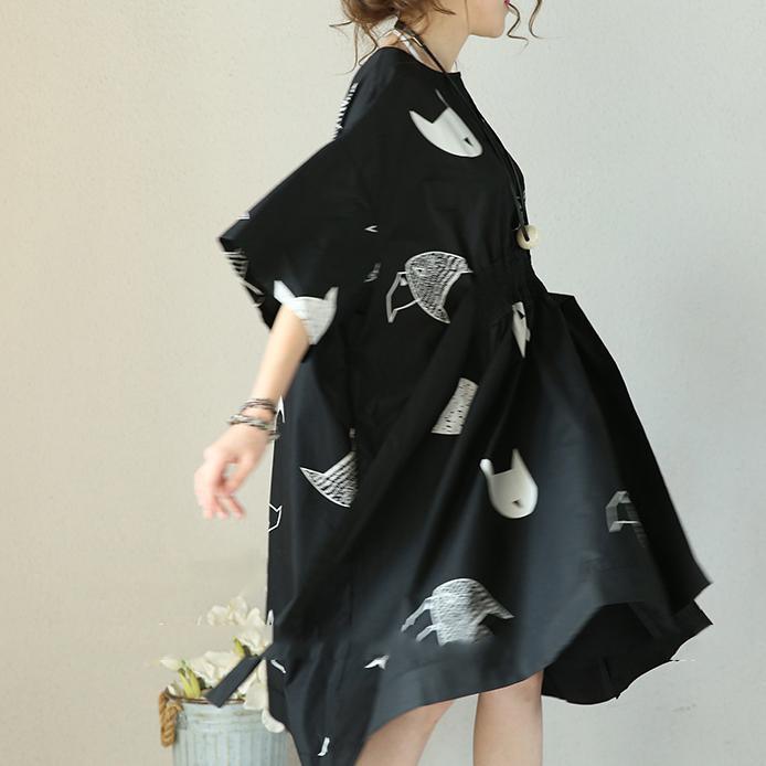 women black cotton baggy dresses casual dress vintage half sleeve print v neck tie waist - Omychic