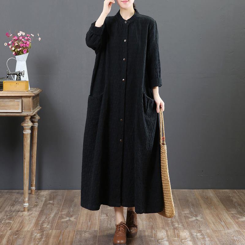 women black linen maxi dresses plus size casual shirt dress long sleeve o neck pockets clothing - Omychic