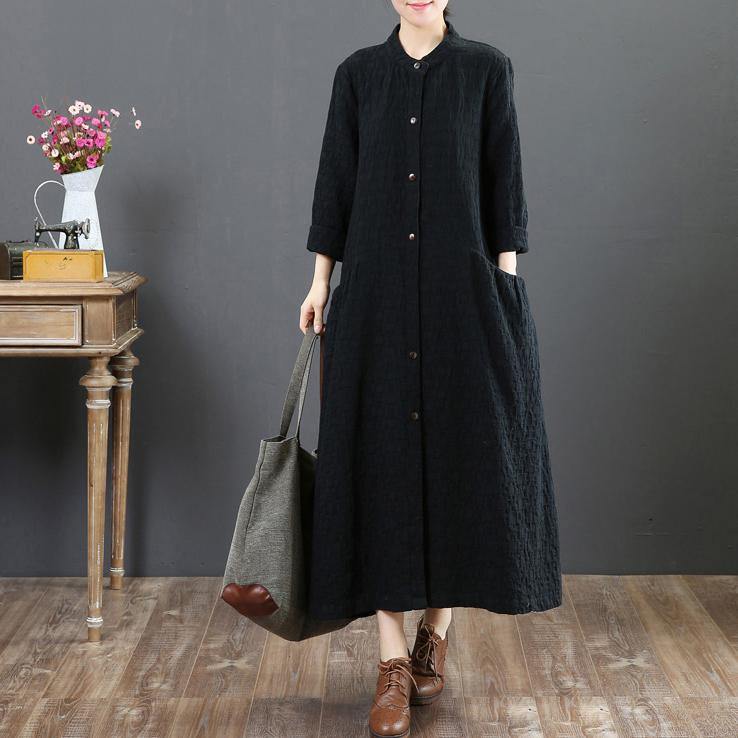 women black linen maxi dresses plus size casual shirt dress long sleeve o neck pockets clothing - Omychic