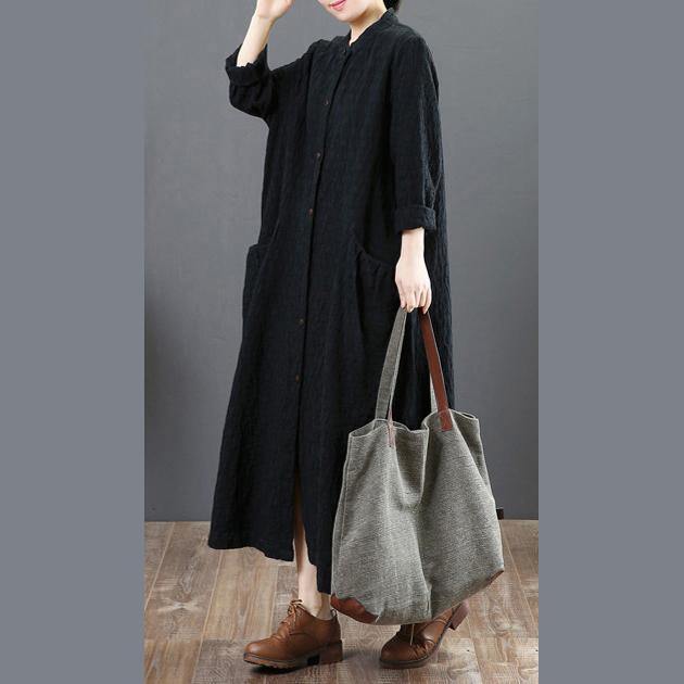 women black linen maxi dresses plus size casual shirt dress long sleeve o neck pockets clothing - Omychic