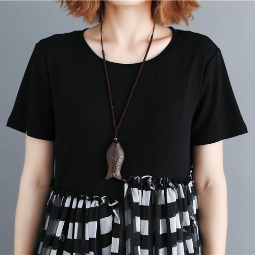 Women Black Maxi Dresses O Neck Short Sleeve Patchwork Plaid Summer Dress ( Limited Stock) - Omychic