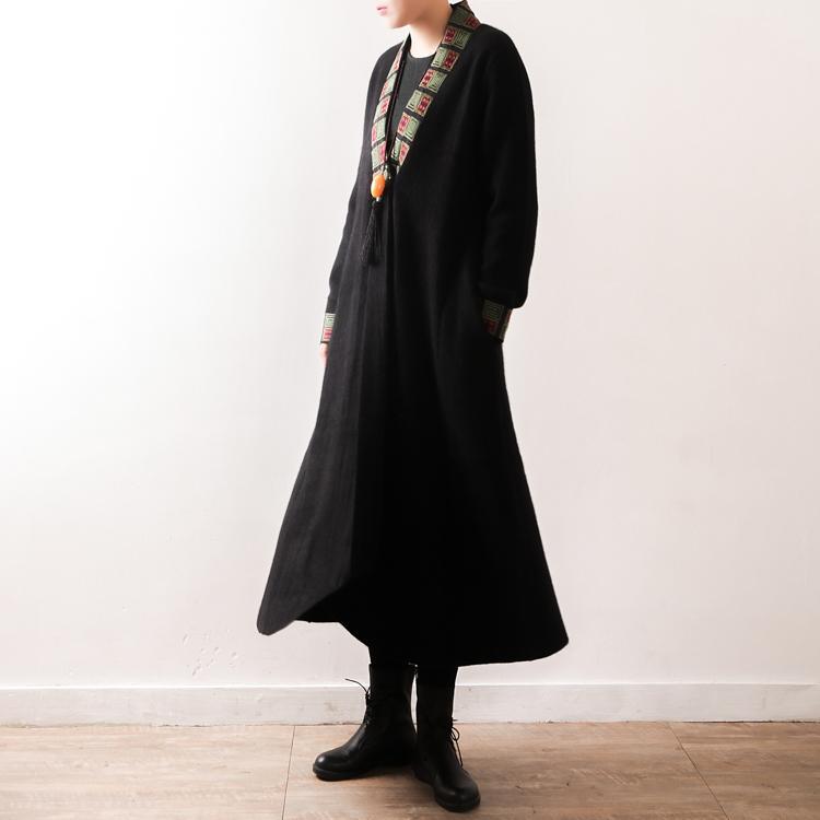 women black outwear plus size clothing long coat V neck embroidery tassel casual coats - Omychic