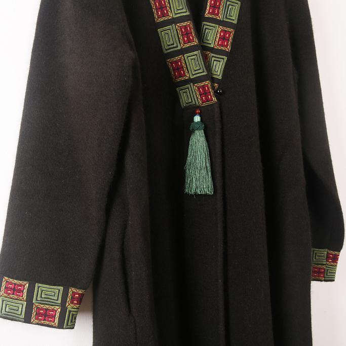 women black outwear plus size clothing long coat V neck embroidery tassel casual coats - Omychic