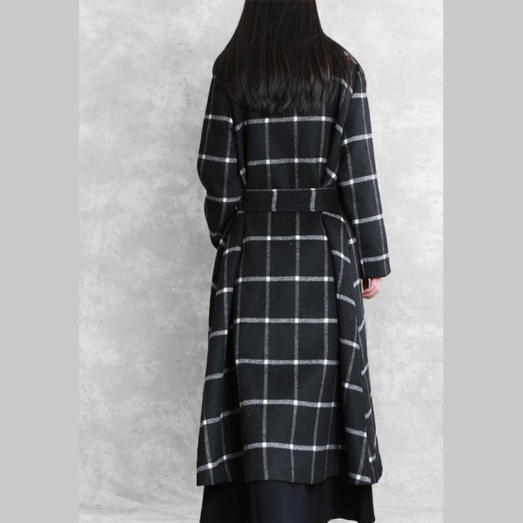 women black plaid woolen overcoat plus size long coats woolen Notched tie waist outwear - Omychic