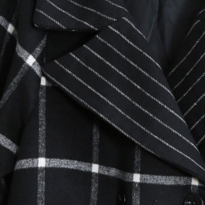 women black plaid woolen overcoat plus size long coats woolen Notched tie waist outwear - Omychic