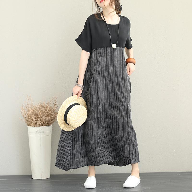 women black silk linen dress plus size clothing O neck patchwork silk linen gown Elegant short sleeve pockets dress - Omychic