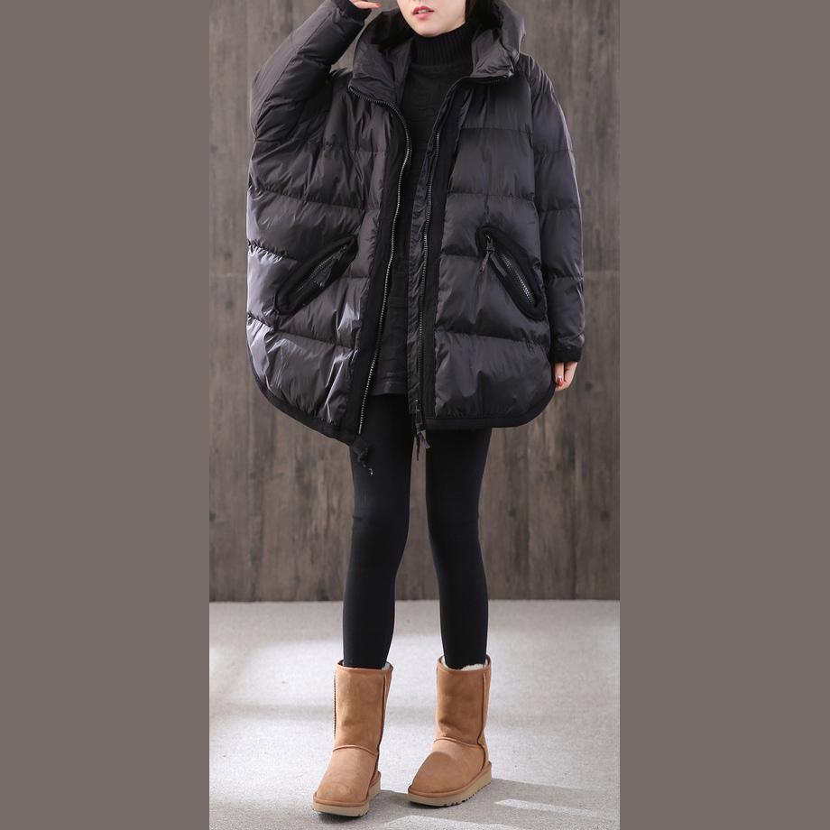 women black thick down jacket woman Loose fitting hooded winter jacket side open Elegant winter outwear - Omychic