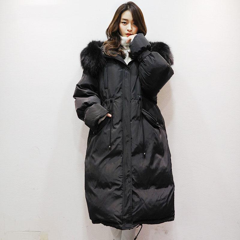 women black warm winter coat plus size faux fur collar hooded womens parka tie waist overcoat - Omychic