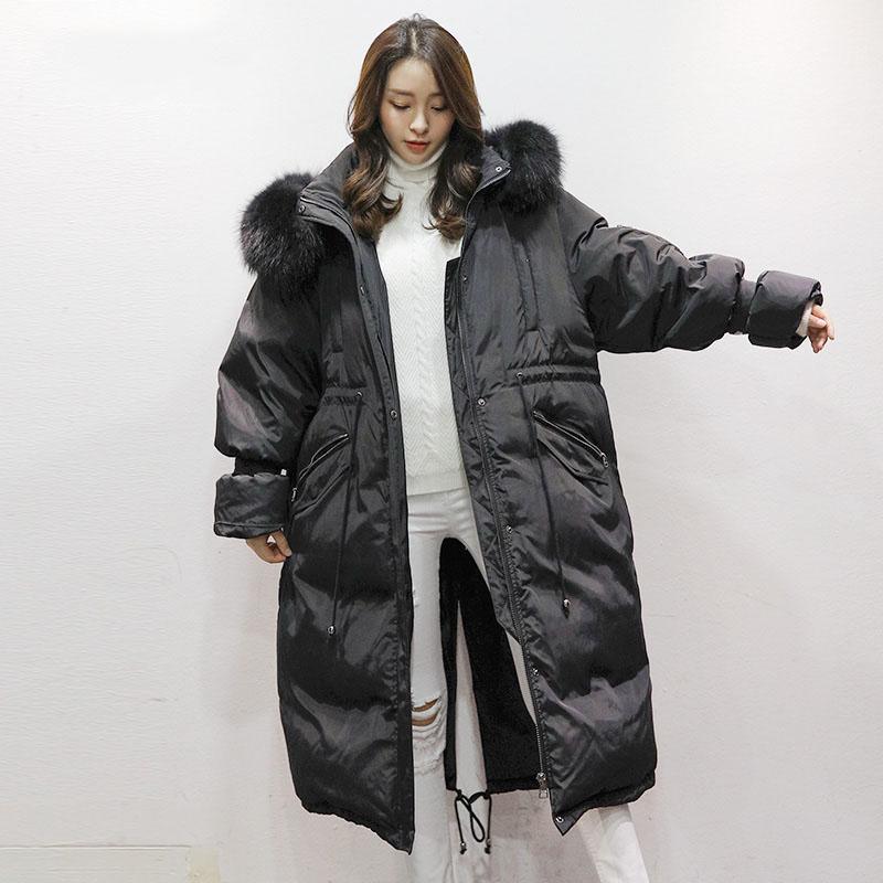 women black warm winter coat plus size faux fur collar hooded womens parka tie waist overcoat - Omychic