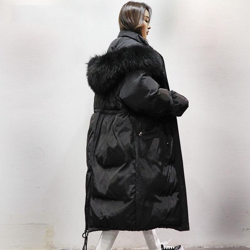 women black warm winter coat plus size faux fur collar hooded womens parka tie waist overcoat - Omychic