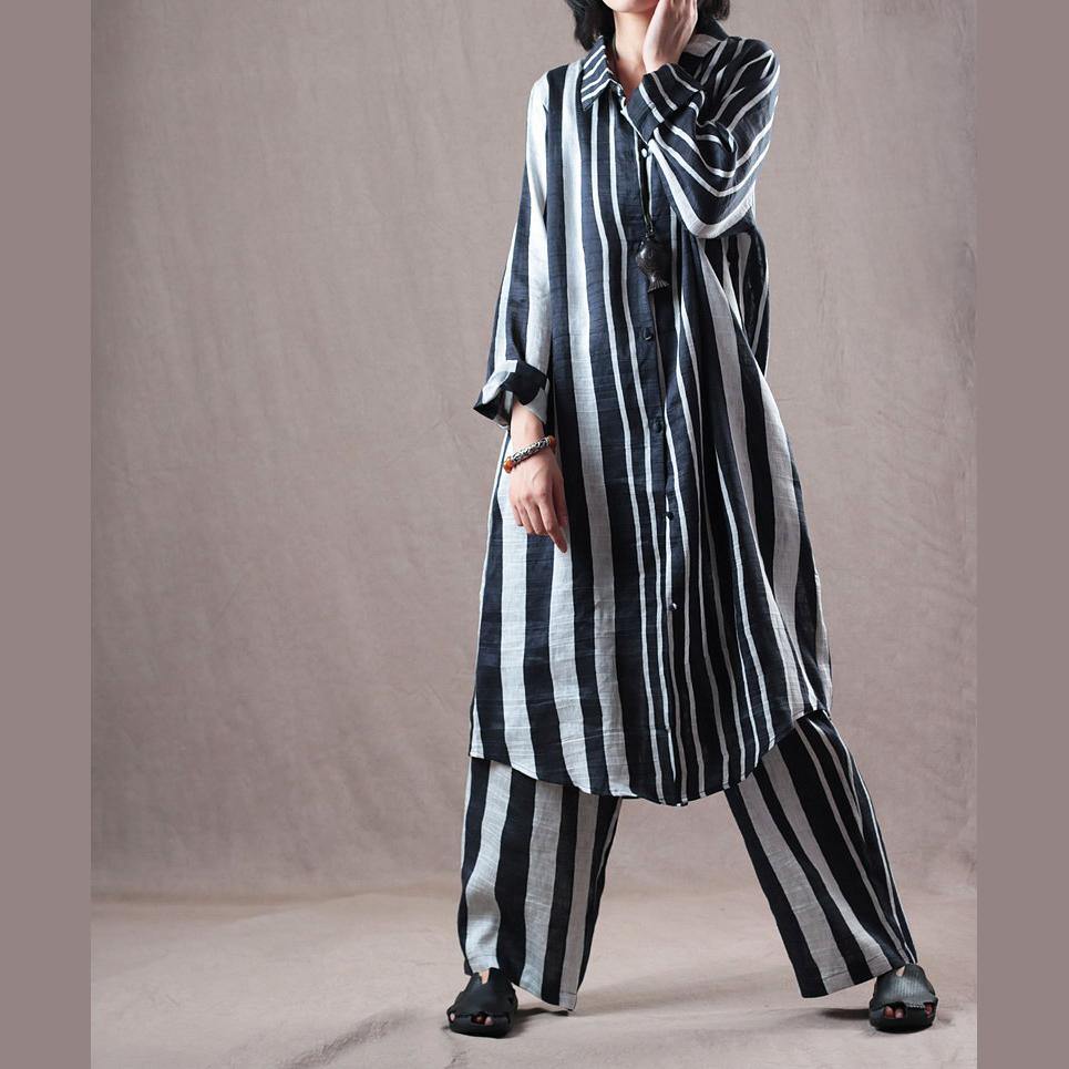 women black white striped two pieces linen dresses plus size clothing shirt dress and wide leg pants - Omychic