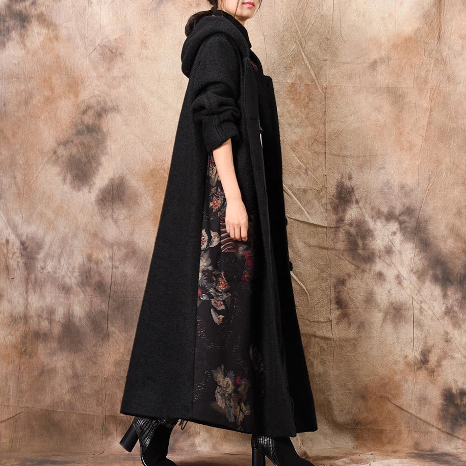 women black woolen overcoat plus size long patchwork hooded coat - Omychic