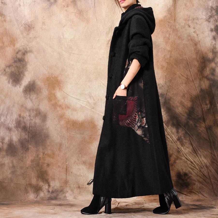 women black woolen overcoat plus size long patchwork hooded coat - Omychic