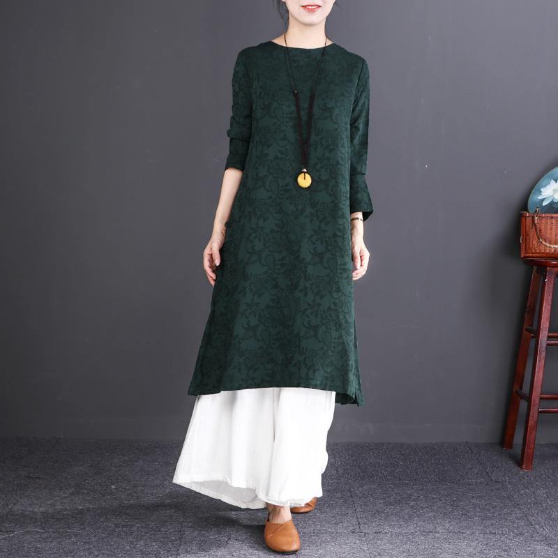 women blackish green linen dresses oversize O neck side open traveling dress Fine long sleeve maxi dresses - Omychic