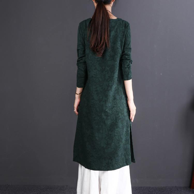 women blackish green linen dresses oversize O neck side open traveling dress Fine long sleeve maxi dresses - Omychic