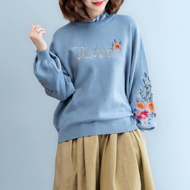 women blue  cozy sweater plus size clothing embroidery pullover top quality lace  o neck top - Omychic