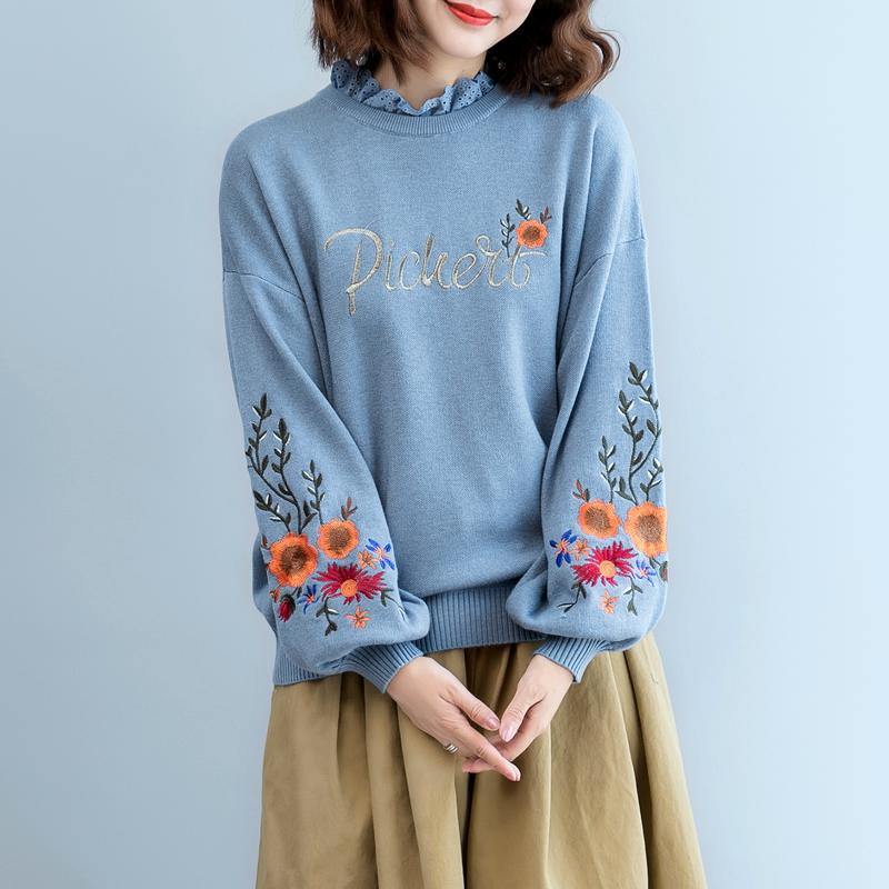 women blue  cozy sweater plus size clothing embroidery pullover top quality lace  o neck top - Omychic