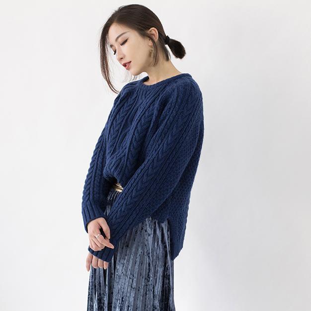 women blue chunky sweaters oversized O neck side open knitted blouses     vintage cable knit shirt - Omychic