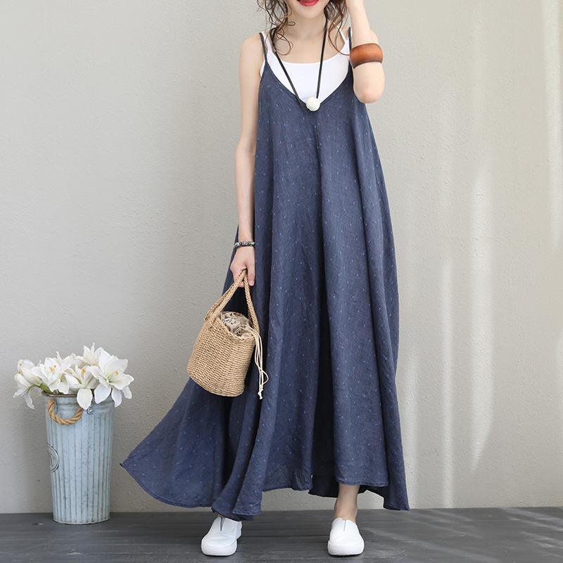 women blue linen maxi dress plus size O neck Spaghetti Strap embroidery linen maxi dress Fine exra large hem maxi dresses - Omychic