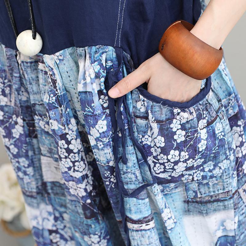 women blue natural linen dress oversized O neck short sleeve traveling dress vintage patchwork print pockets dresses - Omychic