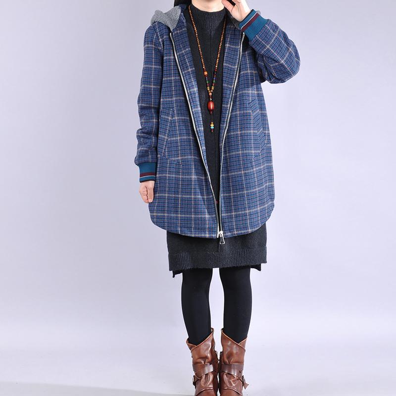 women blue plaid Woolen Coats plus size clothing medium length jackets zippered hooded jacket - Omychic