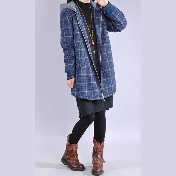 women blue plaid Woolen Coats plus size clothing medium length jackets zippered hooded jacket - Omychic