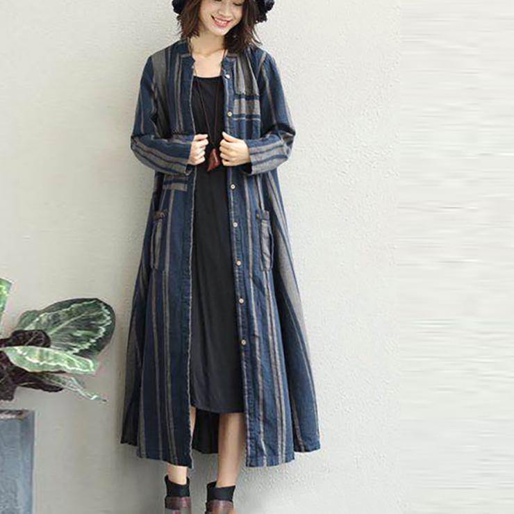 women blue striped linen maxi shirt dress Loose fitting pockets linen cardigns casual o neck maxi coats - Omychic