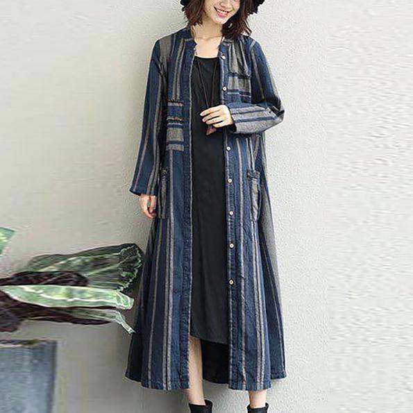 women blue striped linen maxi shirt dress Loose fitting pockets linen cardigns casual o neck maxi coats - Omychic