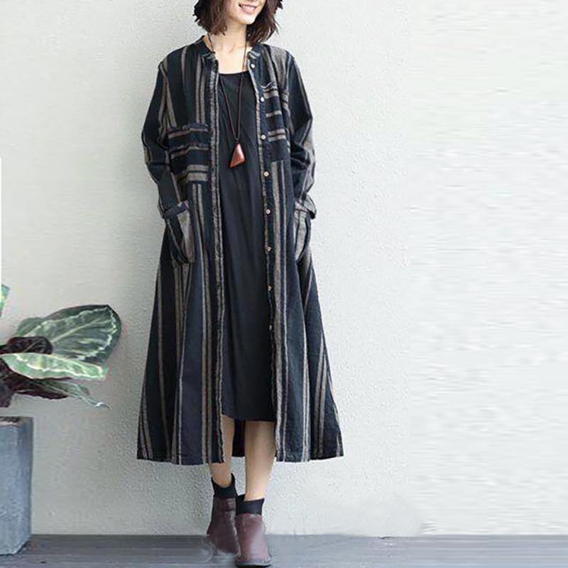 women blue striped linen maxi shirt dress Loose fitting pockets linen cardigns casual o neck maxi coats - Omychic