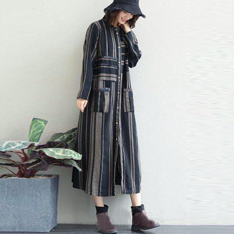 women blue striped linen maxi shirt dress Loose fitting pockets linen cardigns casual o neck maxi coats - Omychic