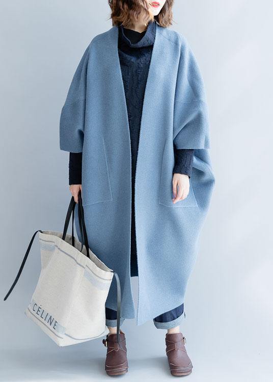 Women Blue Wool Overcoat Loose Fitting Fall Sweater Coat Batwing Sleeve