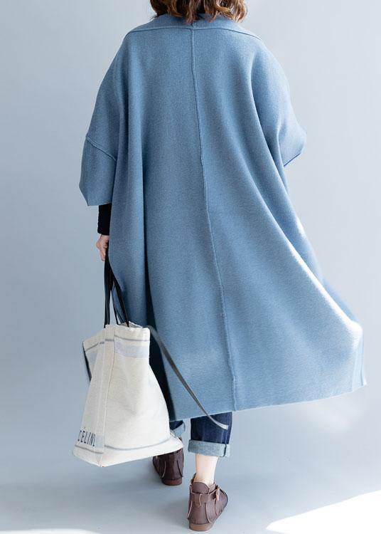 Women Blue Wool Overcoat Loose Fitting Fall Sweater Coat Batwing Sleeve
