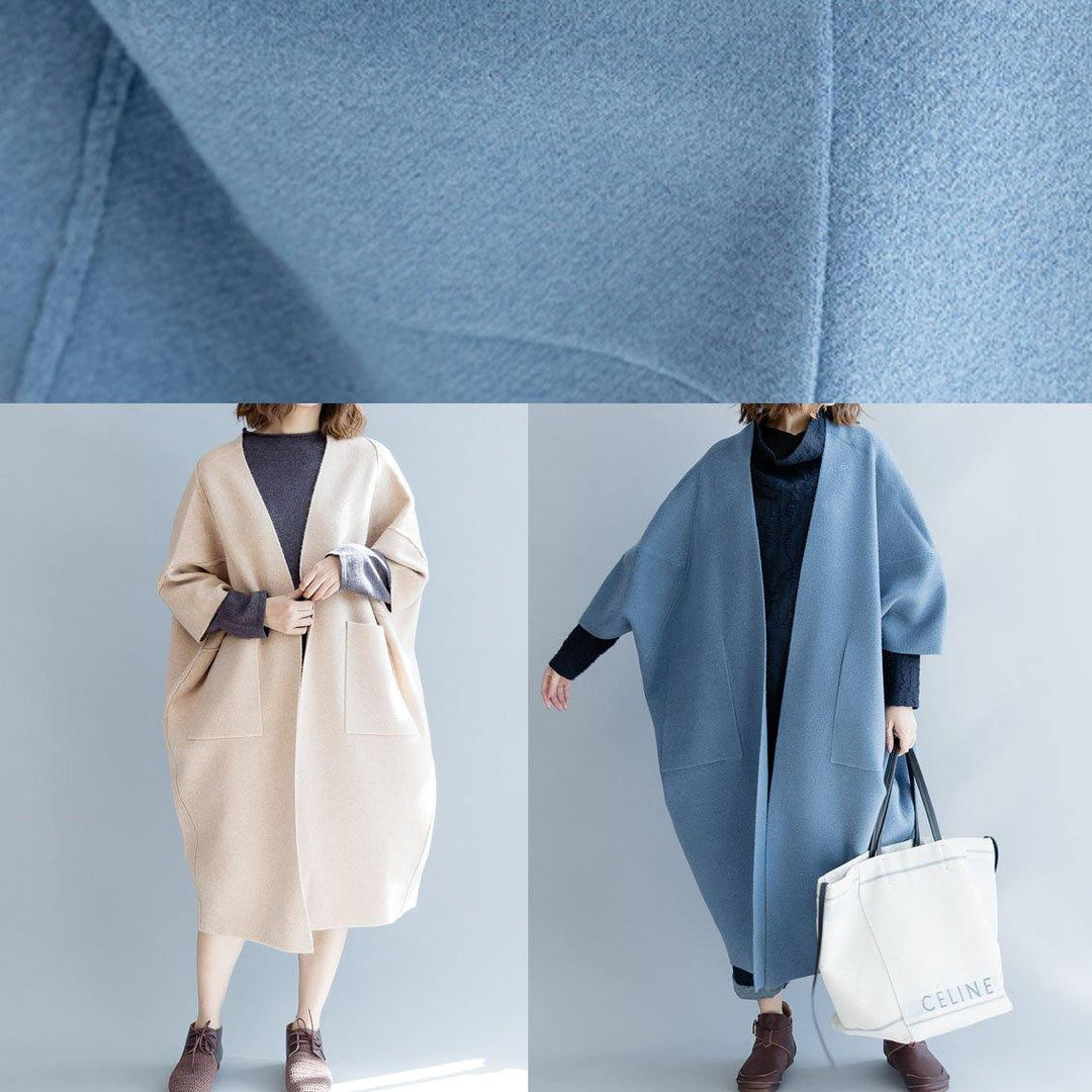 Women Blue Wool Overcoat Loose Fitting Fall Sweater Coat Batwing Sleeve
