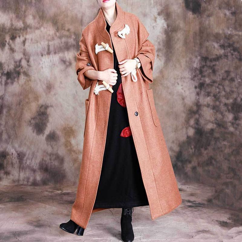 women brown Wool jackets plus size medium length jackets winter coat stand collar - Omychic