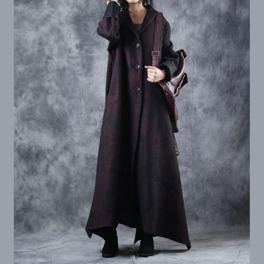 women burgundy woolen Coats trendy plus size Notched outwear vintage large hem asymmetric long coats - Omychic
