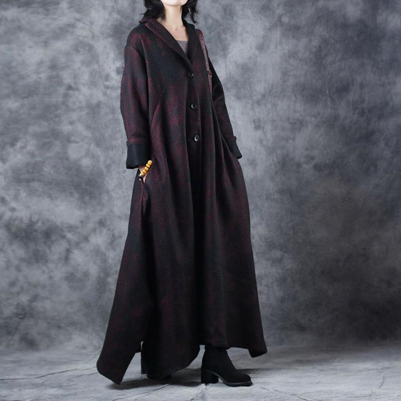 women burgundy woolen Coats trendy plus size Notched outwear vintage large hem asymmetric long coats - Omychic
