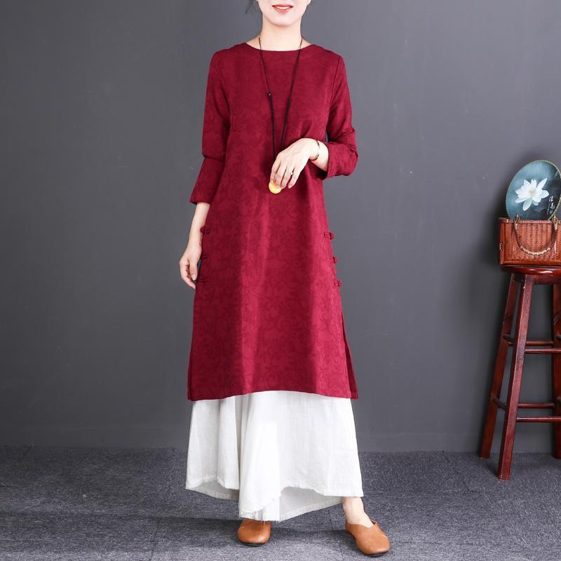 women burgundy long linen dresses oversize O neck side open caftans casual long sleeve linen dresses - Omychic