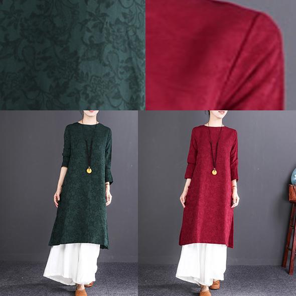 women burgundy long linen dresses oversize O neck side open caftans casual long sleeve linen dresses - Omychic