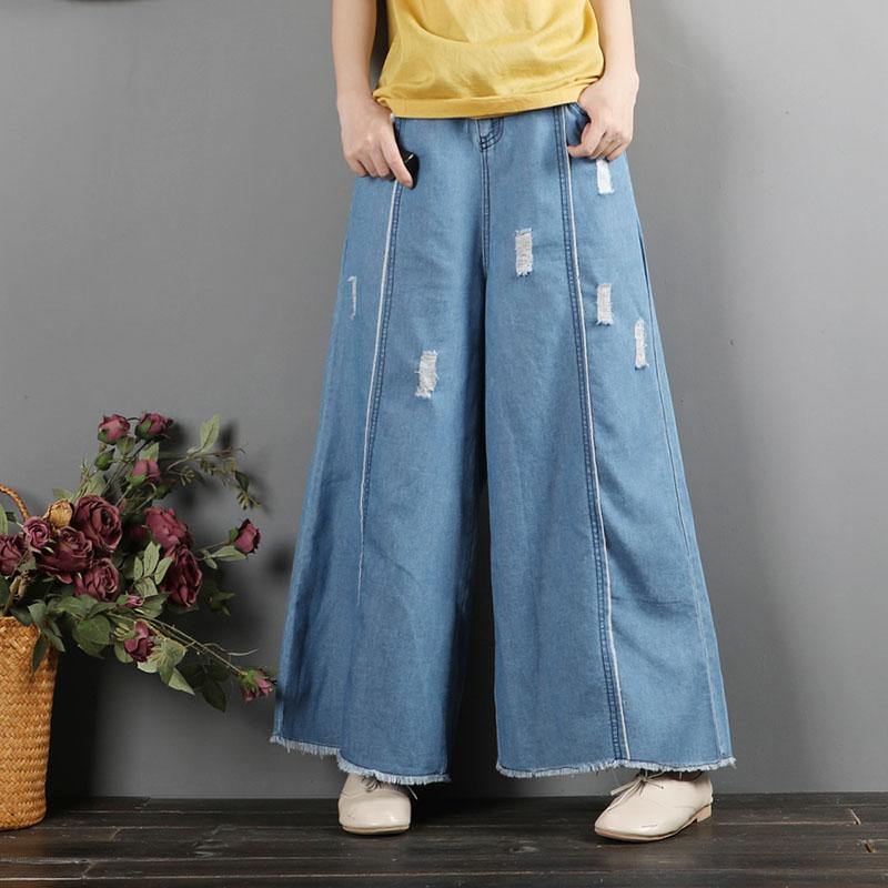 women casual denim blue wide leg pants loose elastic waist slim straight pants - Omychic